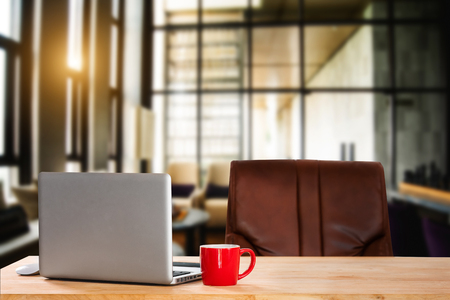 workspace with computer, laptop, office supplies, and coffee cup, at office. desk work concept.の写真素材