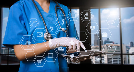 medical technology concept,smart doctor hand working with modern laptop computer with his team virtual icon diagramの写真素材