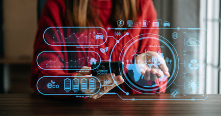 Business working with reduce CO2 concept with icons, global warming such as reforest green factory recycle and zero carbon dioxide emission concept. with VR icon at officeの写真素材