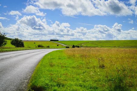 Asphalt road through the green field and blue sky cloud background in summer dayの写真素材