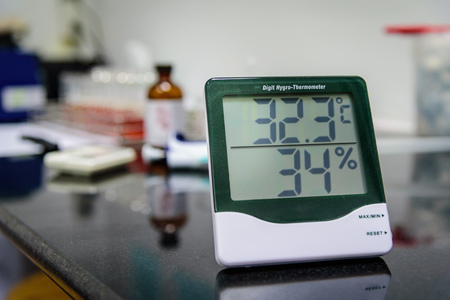 Digital hygro thermometer in laboratoryの写真素材