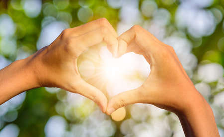 Girl hands in shape of love heart on blurred natural bokeh backgroundの写真素材