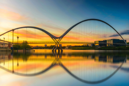 Blurred image of Infinity Bridge at sunset In Stockton-on-Tees, UKの写真素材
