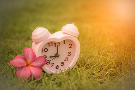 Pink clock with flower on grass background. Vintage toneの写真素材