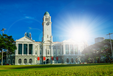 The National Museum of Singapore oldest museum on blue sky with sun flare in Singapore.