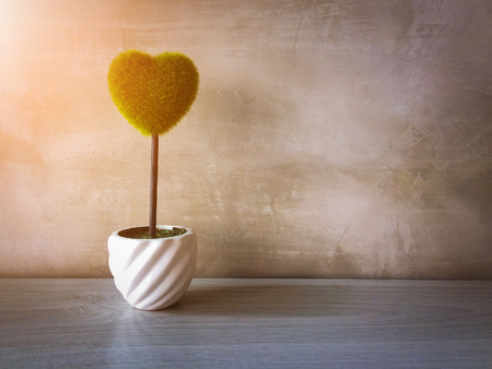 Green shape heart tree in white pot on wooden table. Vintage toneの写真素材
