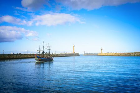 Classic boat on Whitby harbour in Whitby abbey, North Yorkshire, UK.の写真素材