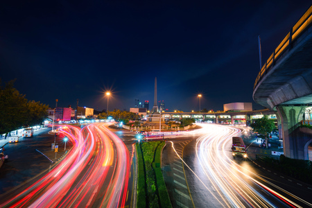Beautiful light traffic on the road at night in Bangkok, Thailand.
