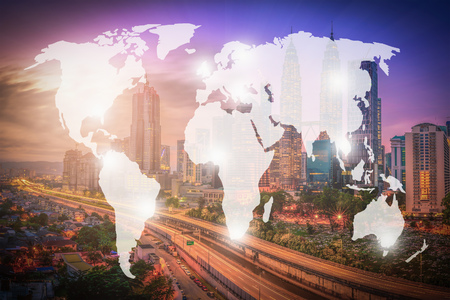 Double exposure world map and Kuala Lumpur city, Malaysia. background.のeditorial素材