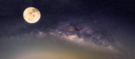 Landscape with Milky way galaxy. Night sky with stars and the full moon