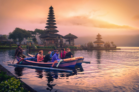 Bali, Indonesia, August 12, 2017 : Pura Ulun Danu Bratan, Hindu temple on Bratan lake landscape at sunrise in Bali, Indonesia.のeditorial素材