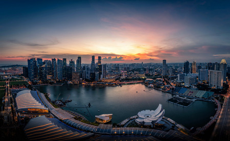 Singapore Skyline and view of skyscrapers on Marina Bay at sunset.のeditorial素材