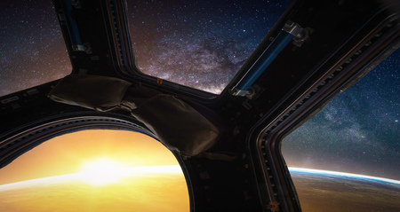 Landscape with Milky way galaxy. Sunrise, Earth and Spacecraft view from space with Milky way...