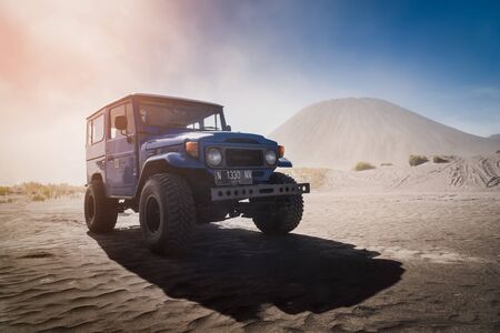 Bromo, East Java, Indonesia- Aug 14, 2017 , Blue Four Wheel Trucks spotted at Bromo Tengger Semeru National Park, East Java, Indonesia.のeditorial素材