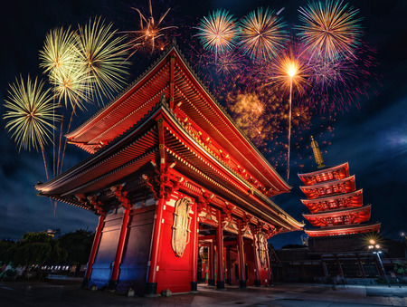 Firework over Sensoji temple at night in Asakusa, Tokyo, Japan.