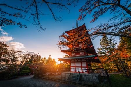 Chureito Pagoda and red leaf in the autumn on sunset at Fujiyoshida, Japan.のeditorial素材