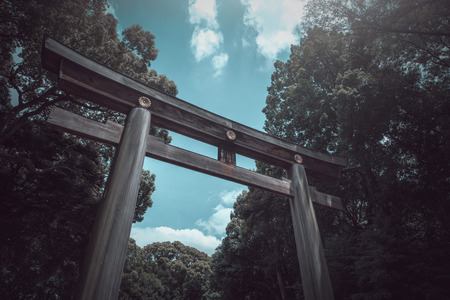 Torii gate of Japanese temple in the spring on daytime in Tokyo, Japan. Vintage toneのeditorial素材