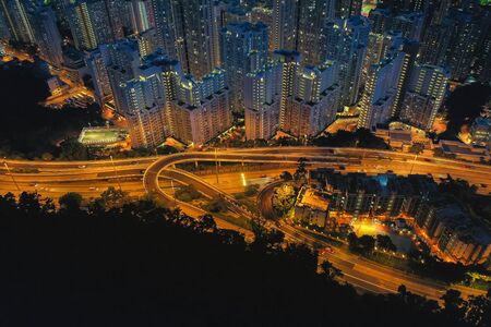 Aerial view of Hong Kong City at twilight time.の写真素材