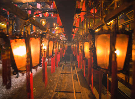 Hong Kong, China - 30 July, 2019:Interior scene of Man Mo Temple which is the one of the most holy temple in Hong Kong. Man Mo Temple is a temple for the worship of the civil or literature god Man Tai and the martial god Mo Tai.のeditorial素材