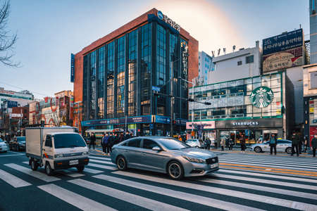 Busan, Korea - February 21, 2020 : Nampodong shopping street at daytime in Busan City, South Korea.のeditorial素材