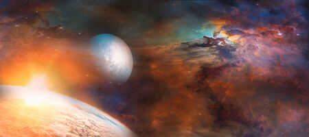 Landscape of Planet, Sunrise and Earth view from space.