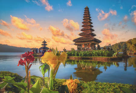 Pura Ulun Danu Bratan, Hindu temple on Bratan lake landscape at sunrise in Bali, Indonesia.
