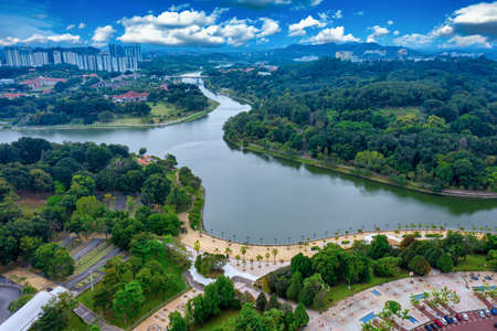 Aerial View Of Putrajaya City Centre with Lake at sunset in Putrajaya, Malaysia.のeditorial素材