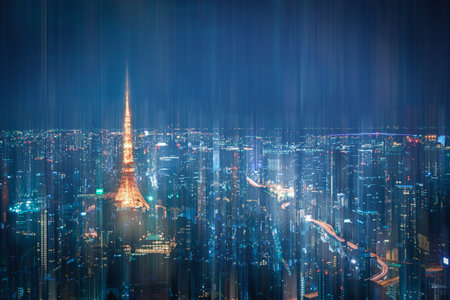 Tokyo, Japan, November 03, 2018:Tokyo Skyline with wireless network connection at night in Japan....