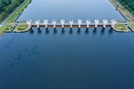 Aerial view of Utho Wipat prasit floodgates at daytime in phanang, Nakhon Si Thammarat, Thailand.