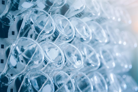 Glass flask in medical research lab or science laboratory. Blue tone. Selective focus.の写真素材