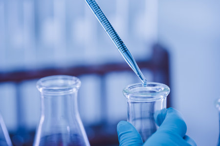 Doctor or scientist using pipette to drop a sample to test tube in medical research lab or science laboratoryの写真素材