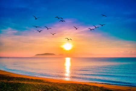 Landscapes of sunset on the beach with colorful sky background.の写真素材