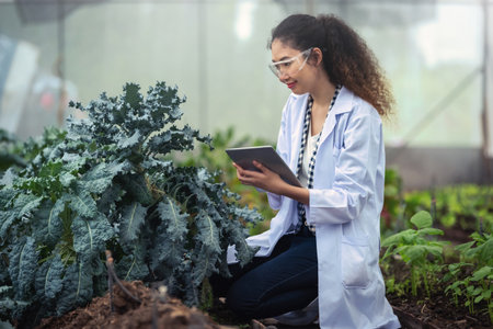 Portrait of Woman agricultural researcher holding tablet while working on research at plantation in industrial greenhouseの写真素材