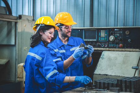 Portrait of Heavy industry workers working on the metal fabrication process by operating a lathe at...