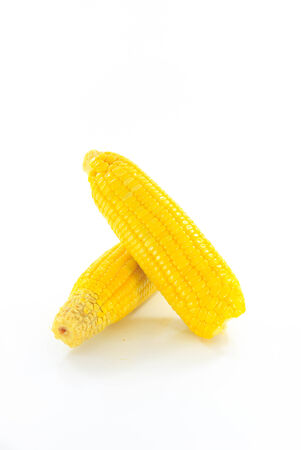 Two yellow corn that is placed on a white background.の写真素材