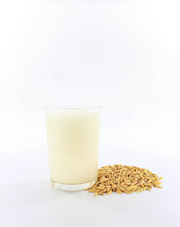 rice milk in glass that is placed on a white background.の写真素材