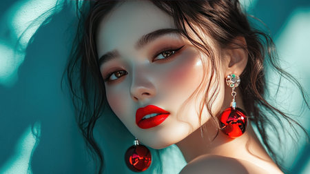 This stunning portrait showcases a model with bold red lips and vibrant earrings. The combination of natural makeup and artistic lighting creates a captivating beauty shot.の素材