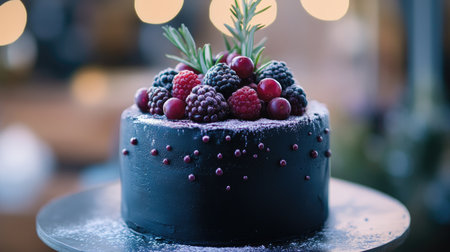 Dark blue galaxy cake with a velvety smooth texture, topped with juicy berries and sprigs of rosemary.の素材