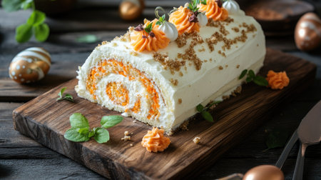 Cozy Easter dessert setting featuring a homemade carrot roll cake with decorative toppings, served on a rustic wooden board, inviting ambianceの素材