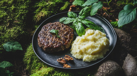 Cozy campsite meal featuring a perfectly seared Hamburg steak with mashed potatoes, served on an enamel camping plateの素材