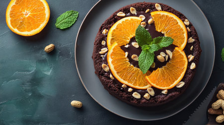 Dark chocolate cake with bright orange slices, crunchy peanuts, and mint leaves, served on a ceramic plate.の素材