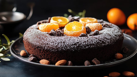 Decadent vegan chocolate cake with fresh oranges, nuts, and cacao powder, styled for a gourmet presentation.の素材