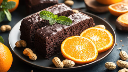 Dark chocolate cake with bright orange slices, crunchy peanuts, and mint leaves, served on a ceramic plate.の素材