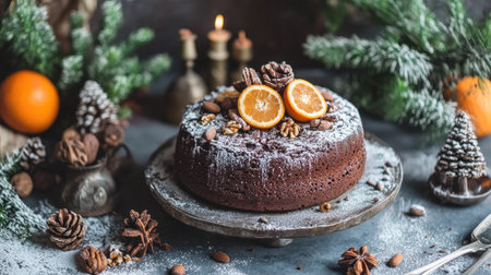 Decadent vegan chocolate cake with fresh oranges, nuts, and cacao powder, styled for a gourmet presentation.の素材