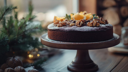 Decadent vegan chocolate cake with fresh oranges, nuts, and cacao powder, styled for a gourmet presentation.の素材