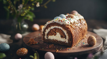Delicious Easter carrot roll cake with golden-brown sponge, creamy cheese filling, festive decorations of chocolate eggs and sprinkles, moody lightingの素材