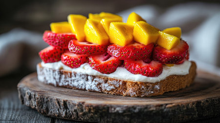 Delicious fruit sandwich with vibrant strawberries, mango, and cream, neatly sliced to reveal layers, placed on a rustic wooden plateの素材
