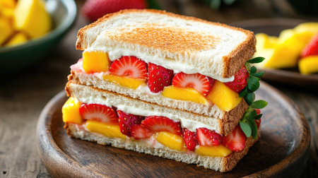 Delicious fruit sandwich with vibrant strawberries, mango, and cream, neatly sliced to reveal layers, placed on a rustic wooden plateの素材