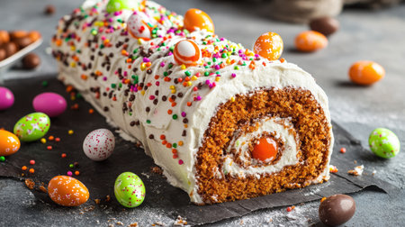 Easter-themed carrot roll cake with creamy frosting, decorated with mini chocolate eggs, vibrant carrot jelly, and festive sprinkles, concrete backgroundの素材
