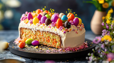 Deliciously moist carrot roll cake with layers of cream cheese frosting, topped with Easter chocolate eggs and vibrant jelly carrots, modern backdropの素材